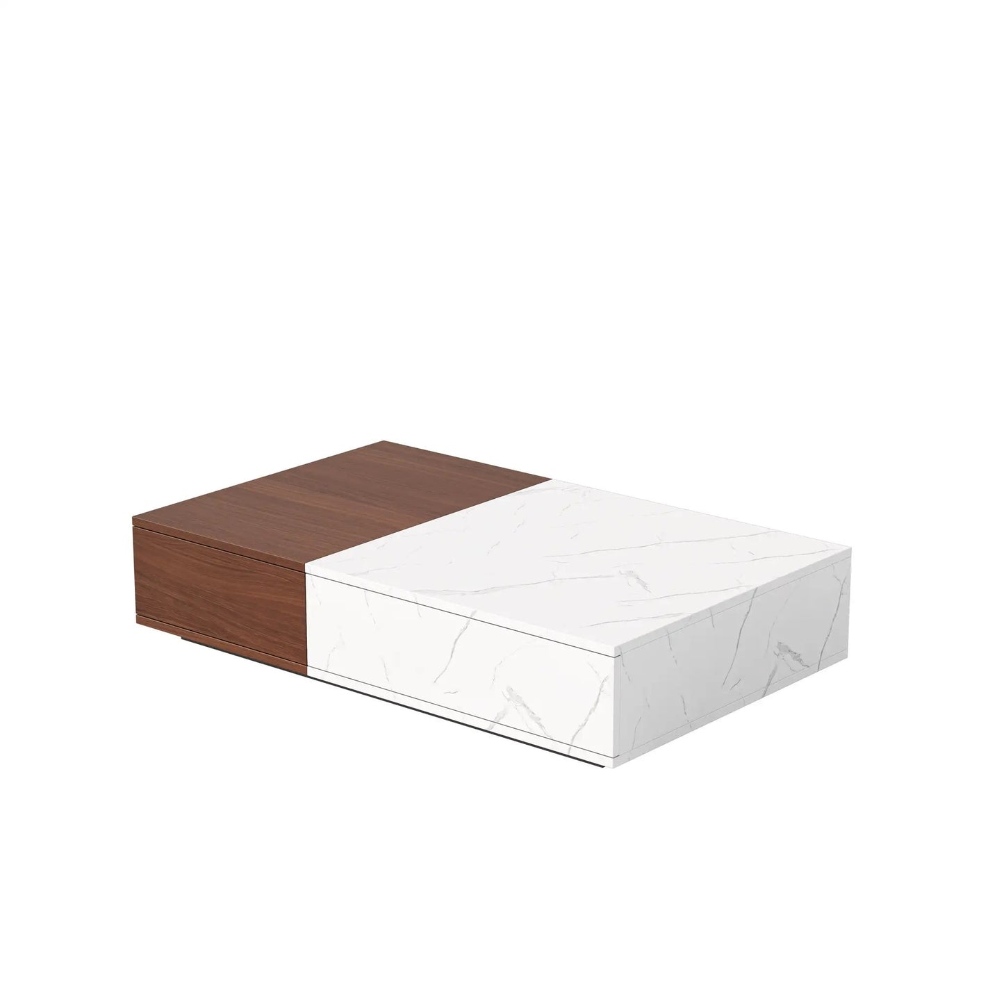 Modern walnut coffee table with 2 storage drawers in walnut wood and white marble finish on Tampa Home & Garden Store