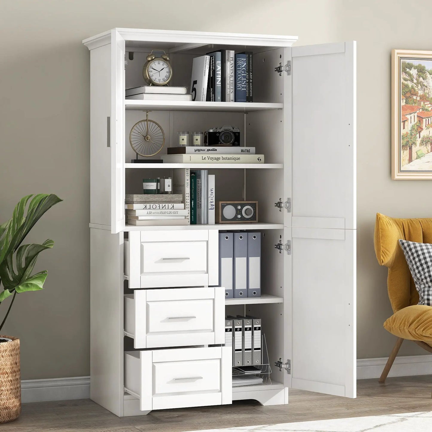 Tall white bathroom storage cabinet with doors open to reveal shelves, drawers, and decor on Tampa Home & Garden Store