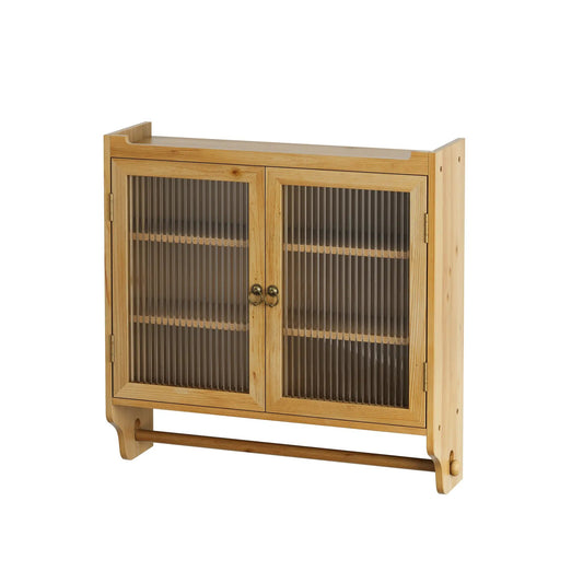 Glass Door Wall Cabinet with towel rack in natural oak finish, ribbed glass doors on Tampa Home & Garden Store