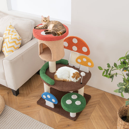 4-In-1 Mushroom Cat Tree with Condo Spring Ball and Sisal Posts-Multicolor - Tampa Home & Garden Store