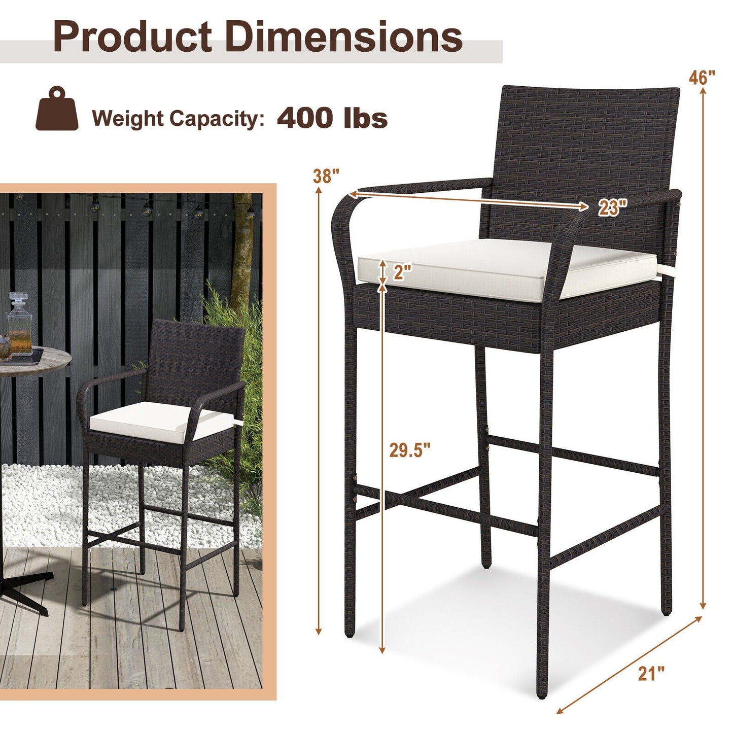 2/4 Pieces Outdoor PE Rattan Cushioned Barstool Set with Armrests-Set of 2 - Tampa Home & Garden Store