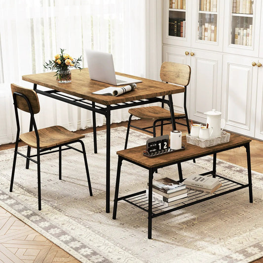 4 Piece Dining Table Set with Bench and Chairs, brown wood top, black metal frame on Tampa Home & Garden Store