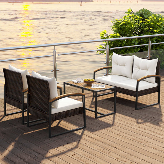 4 Pieces Patio Conversation Set with Acacia Wood Armrests and Tabletop and Cushions-White - Tampa Home & Garden Store