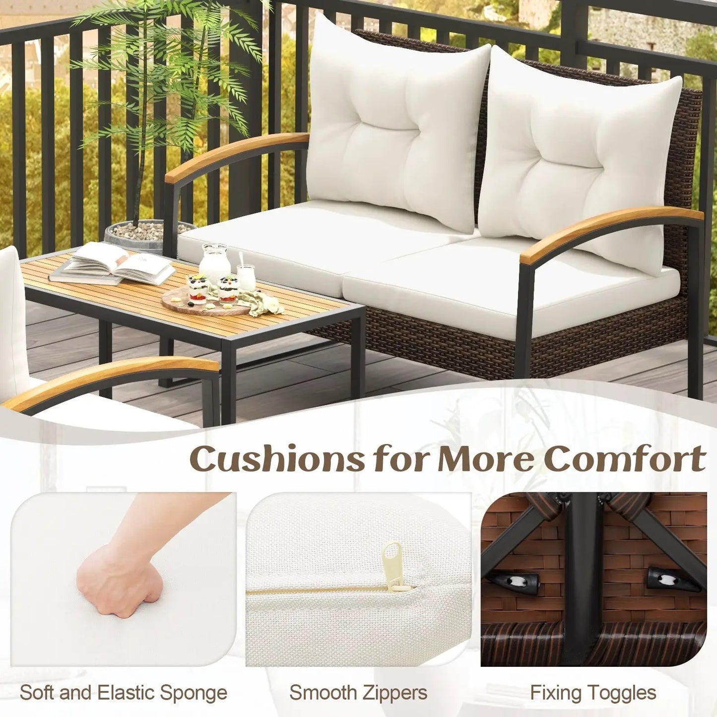 Patio 4-Piece Conversation Set with Acacia Wood Armrests and white cushions in wicker frame on Tampa Home & Garden Store