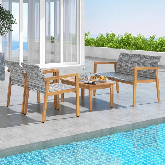 4-piece patio set with loveseat, chairs, coffee table, gray woven cushions, wood frames by pool on Tampa Home & Garden Store