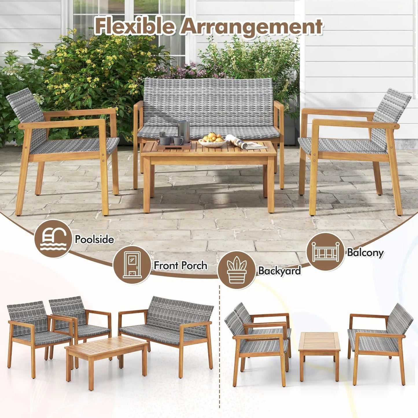 Patio furniture set with loveseat, two chairs and coffee table in wood frame with gray woven cushions on Tampa Home & Garden Store