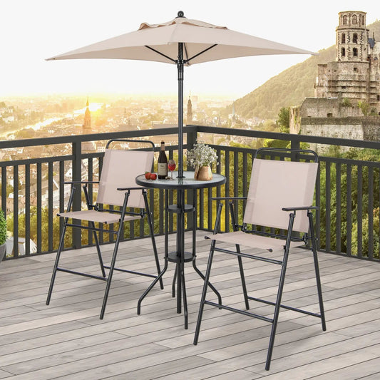 Outdoor bar set with beige umbrella; round table and four beige sling chairs on a balcony on Tampa Home & Garden Store