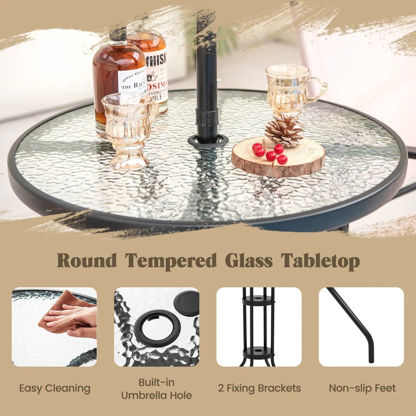4-Piece Outdoor Bar Set Beige with umbrella hole and round tempered glass tabletop on Tampa Home & Garden Store