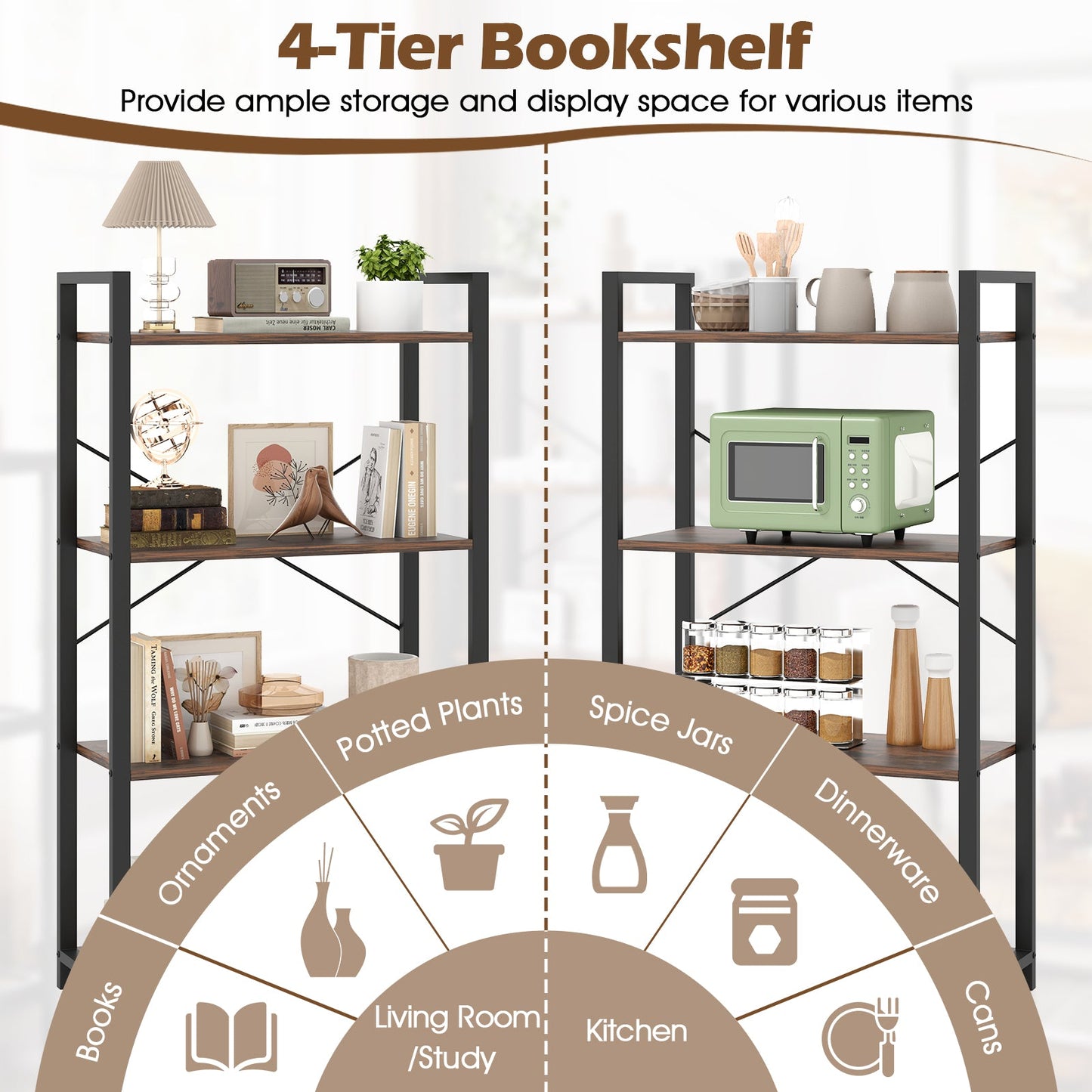 Four Tier Bookshelf with black metal frame and brown wood shelves DirectDeals on Tampa Home & Garden Store