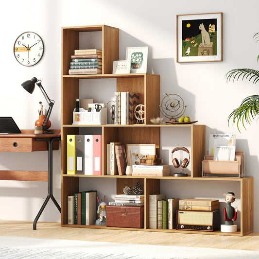 4-Tier Bookshelf Stair Bookcase with 6 Cubes Display Rack-Natural