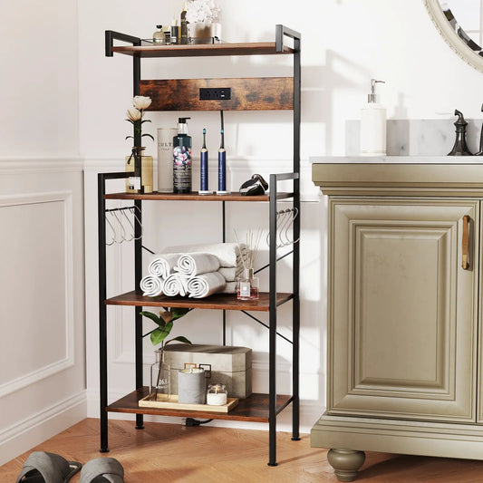 4-Tier Bakers Rack with Power Outlet and 8 Hooks, black metal frame and dark wood shelves on Tampa Home & Garden Store