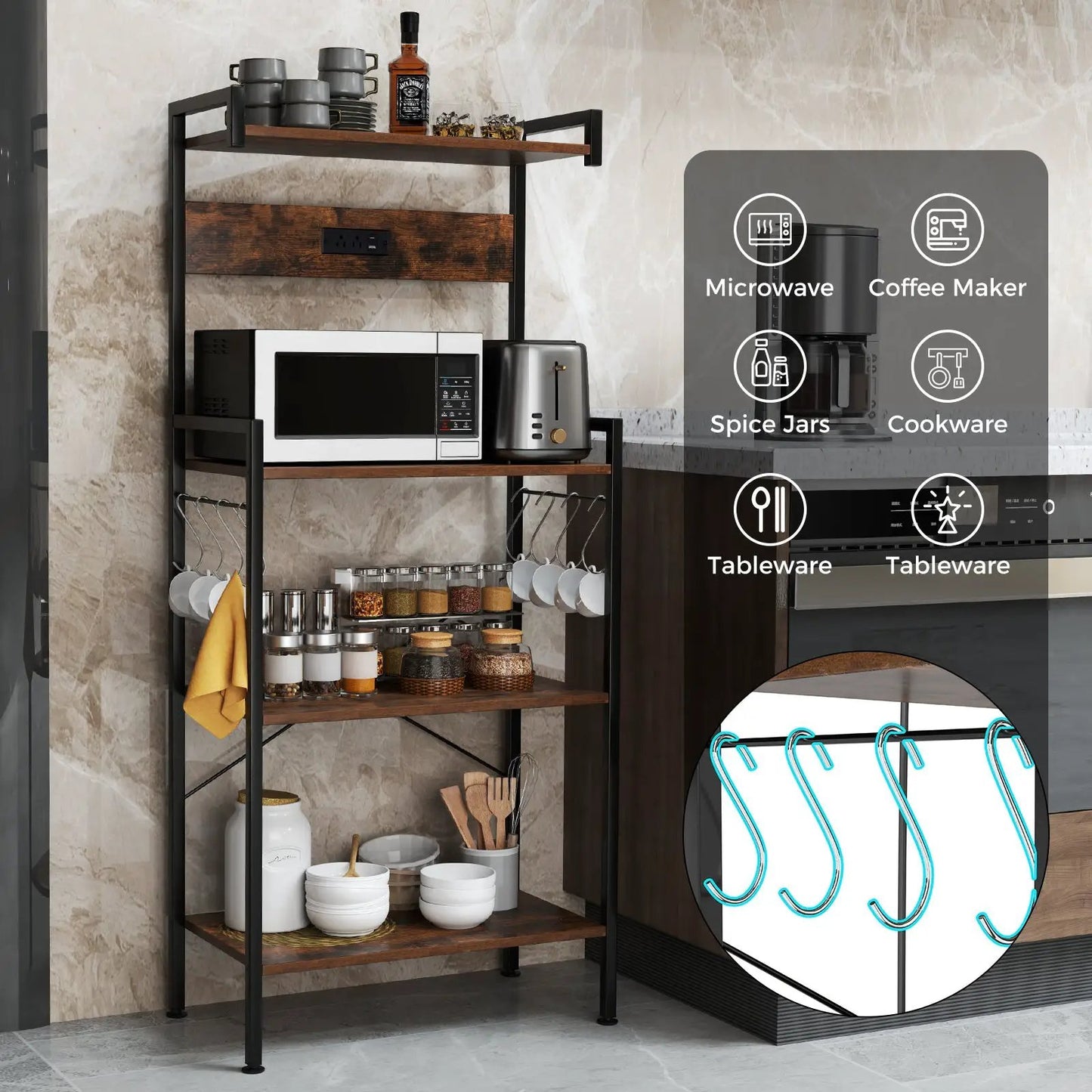 4-Tier Kitchen Bakers Rack with Power Outlet and 8 Hooks-Rustic Brown - Tampa Home & Garden Store