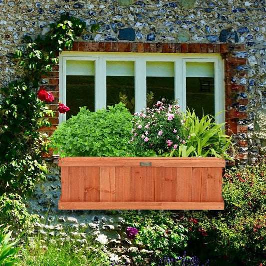 Wooden Decorative Planter Box for Garden Window filled with green shrubs and pink blooms on Tampa Home & Garden Store