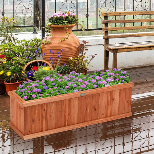 Wooden Planter Box for Garden and Window, natural wood with purple flowers on Tampa Home & Garden Store