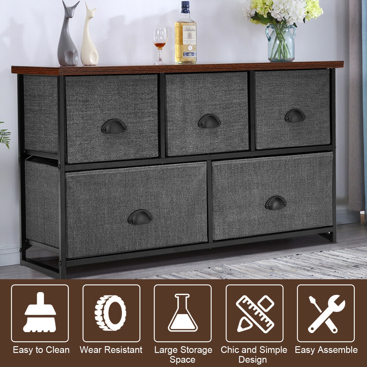 Cómoda de Madera Unidad de Almacenamiento Mesa Auxiliar Organizador de Exhibición-Gris
