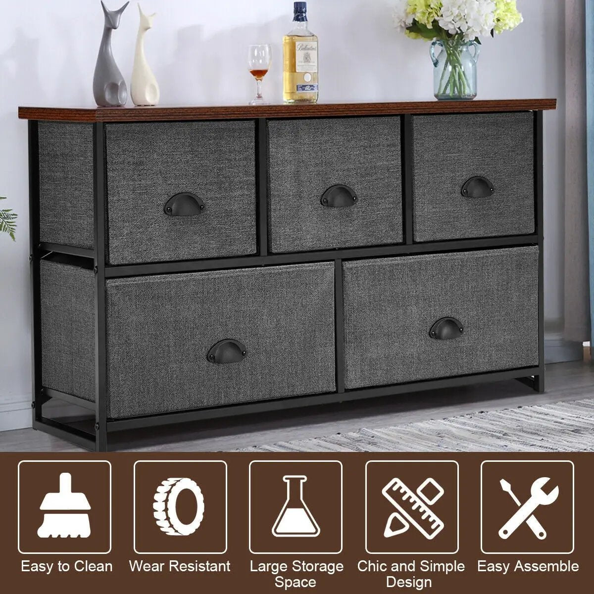 Wood dresser storage unit with gray fabric drawers and black frame DirectDeals 6-drawer on Tampa Home & Garden Store