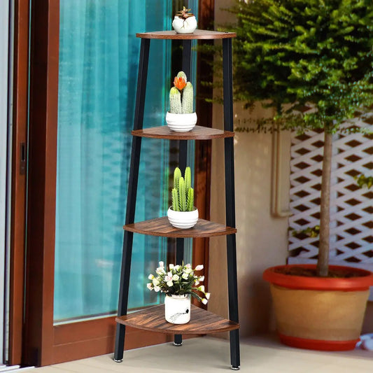 4-Tier Corner Shelf Metal Storage Rack Bookcase black frame with brown wood shelves on Tampa Home & Garden Store
