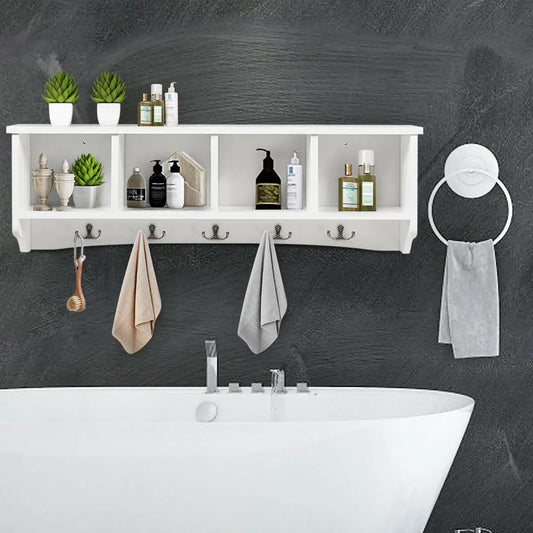 Wall Mounted Storage Cabinet and Coat Rack white finish with four cubbies and coat hooks on Tampa Home & Garden Store