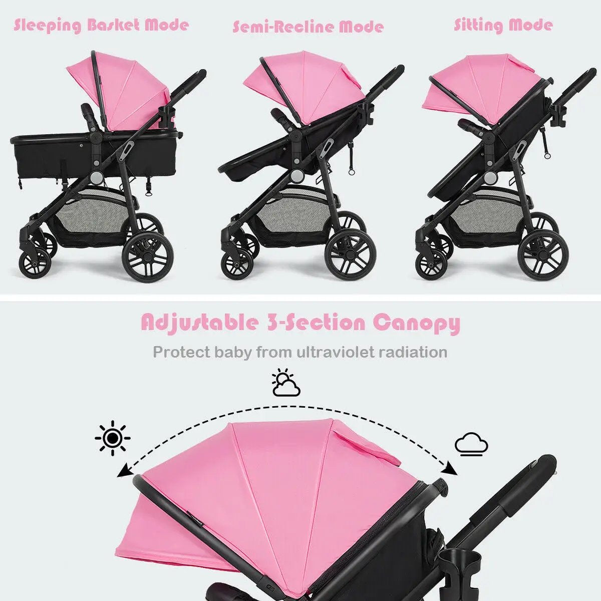 2-in-1 foldable pushchair for newborns DirectDeals convertible stroller with pink canopy in 3 modes on Tampa Home & Garden Store