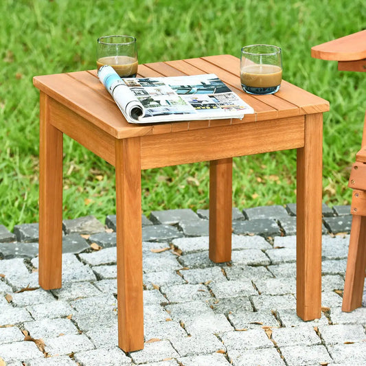 Wooden square patio coffee table with two glasses and a magazine DirectDeals on Tampa Home & Garden Store