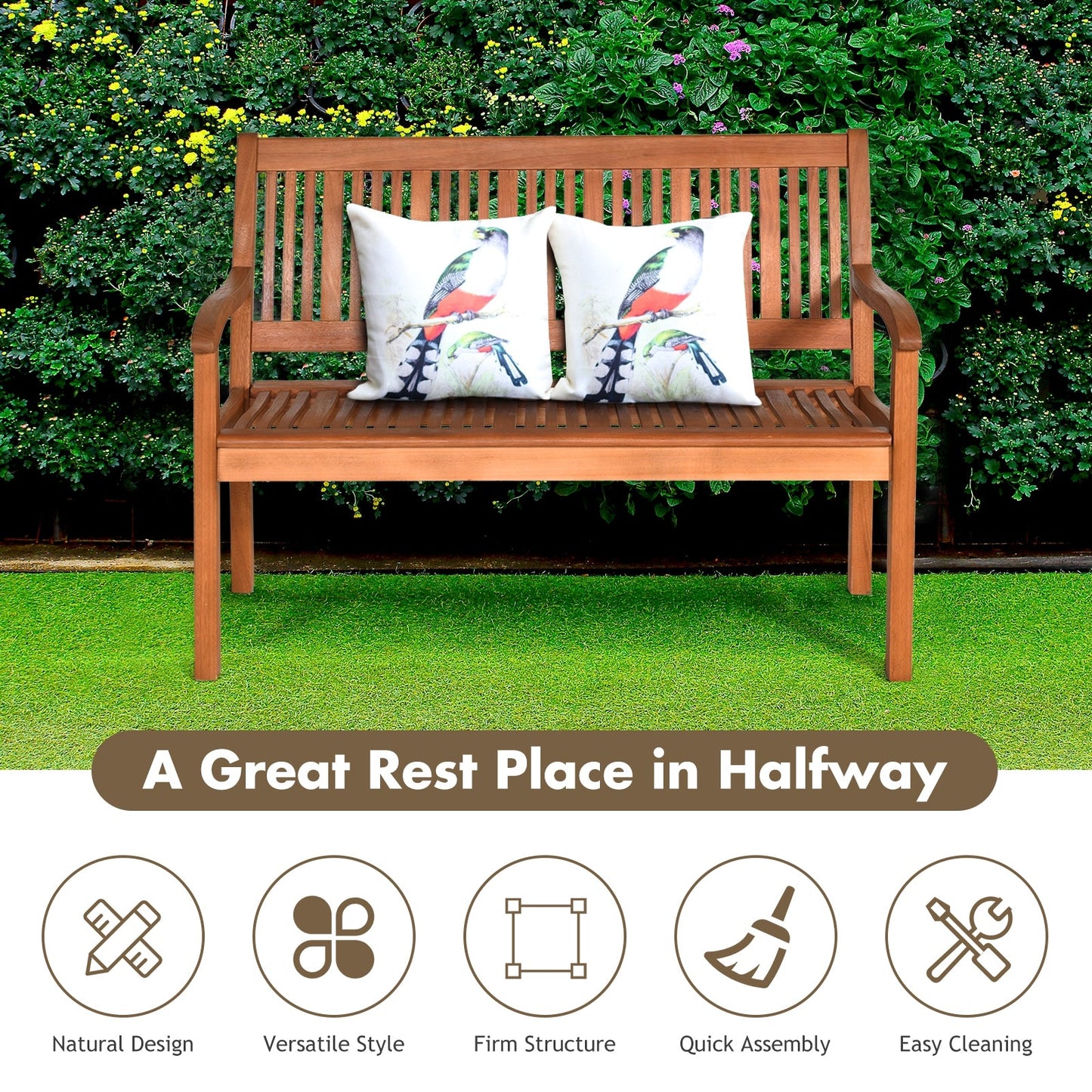 Two-person solid wood garden bench with armrests and natural finish, bird-print cushions on Tampa Home & Garden Store