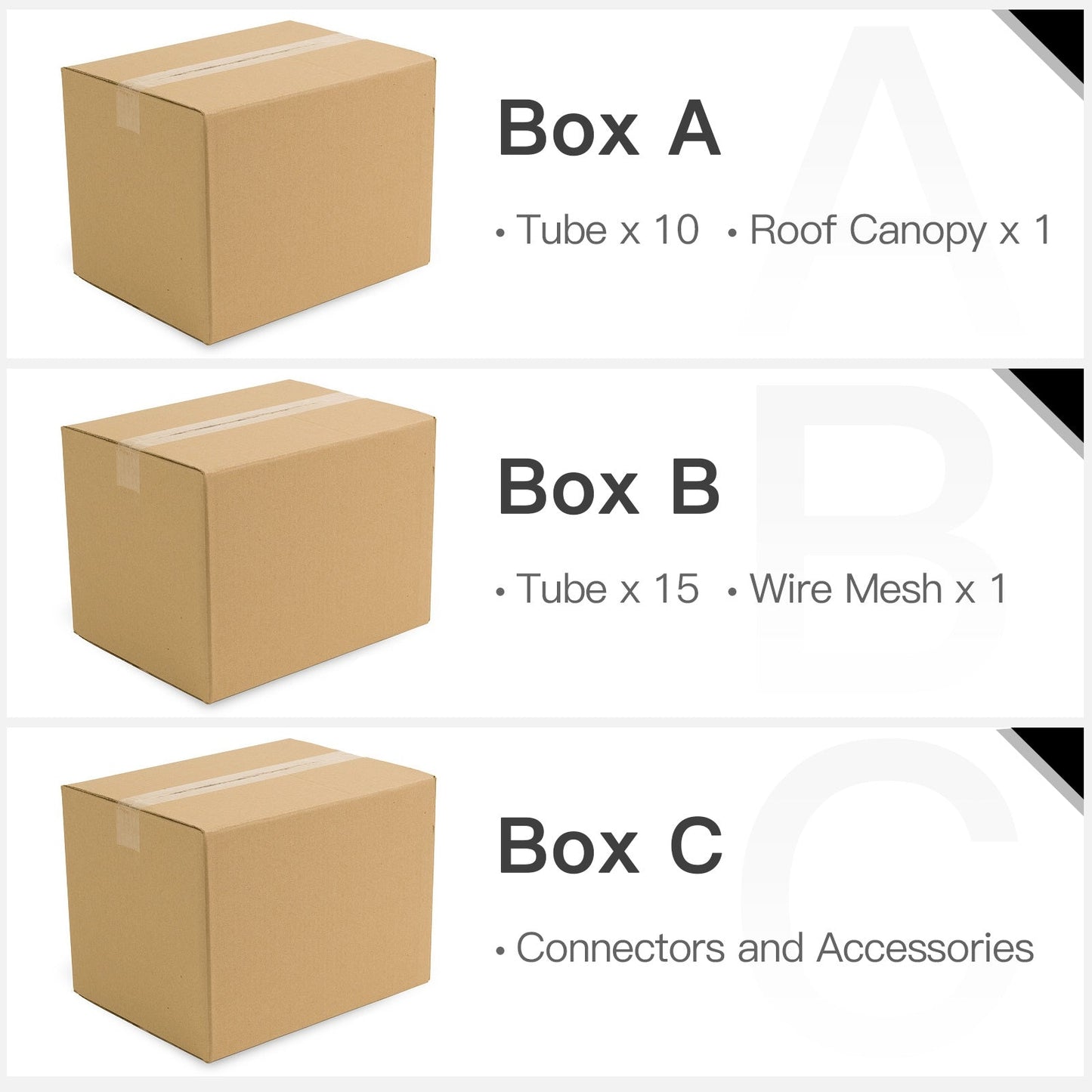 Box A, Box B and Box C packaging with coop components: Tube x10, Roof Canopy x1, Wire Mesh x1 on Tampa Home & Garden Store