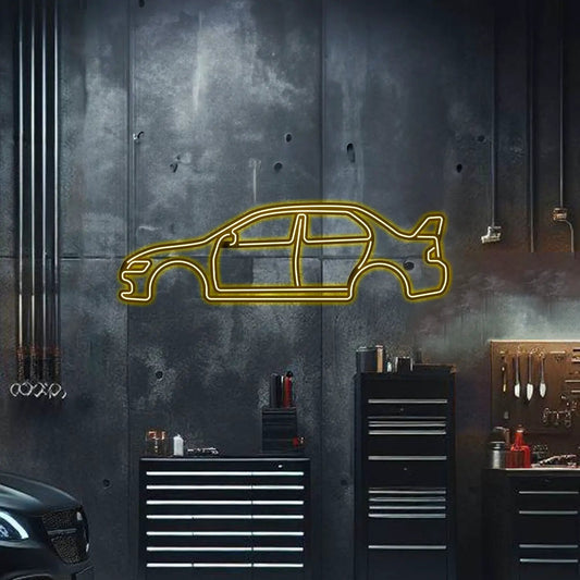 Lancer Evo IX Neon Metal Car Wall Art by Modello Turbo, neon yellow silhouette on Tampa Home & Garden Store