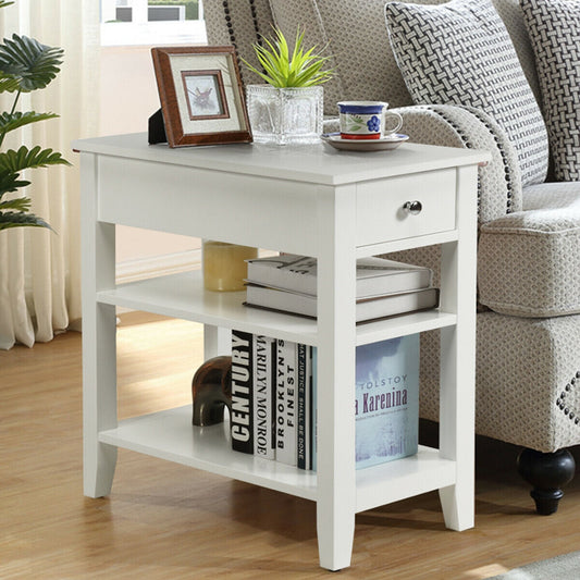 3-Tier Nightstand Bedside Table Sofa Side with Double Shelves Drawer-White - Tampa Home & Garden Store