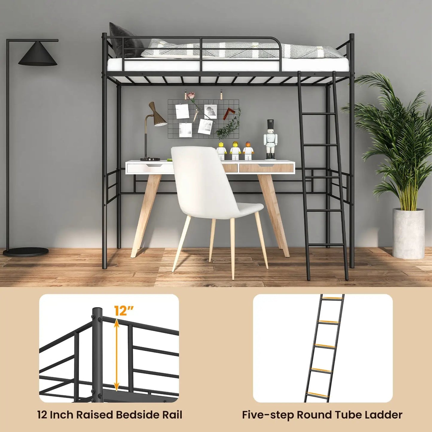 Metal Loft Twin Bed Frame High Loft Bed Black with desk underneath and ladder on right on Tampa Home & Garden Store