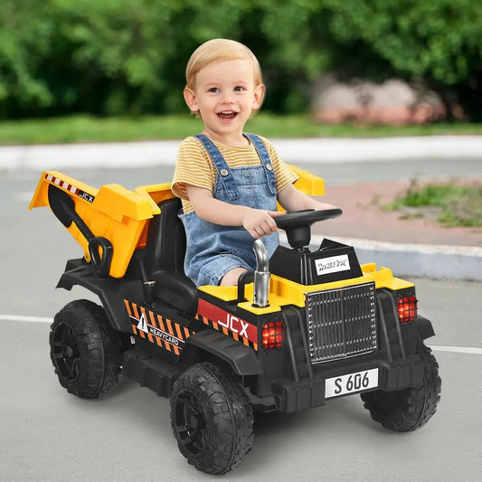 12V Kids Ride-On Dump Truck by JCX with Yellow Bucket and rugged chassis on Tampa Home & Garden Store