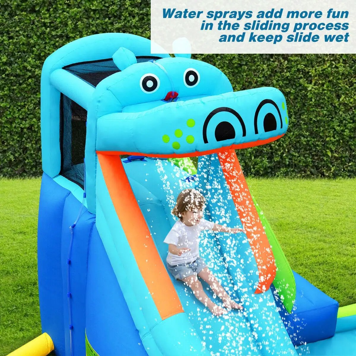 Hippo Inflatable Water Slide Bounce House blue with splash slide for kids on Tampa Home & Garden Store