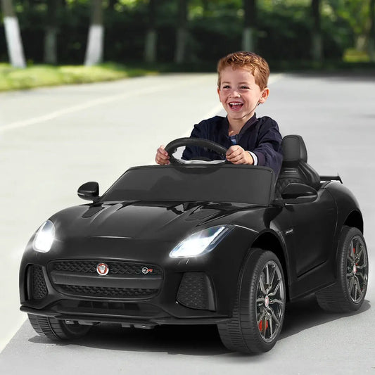 12V Jaguar F-Type SVR licensed kids ride-on car with black exterior and sporty alloy wheels on Tampa Home & Garden Store
