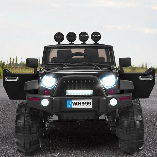 12V kids ride-on black jeep with open doors, roof-mounted lights, oversized off-road tires on Tampa Home & Garden Store