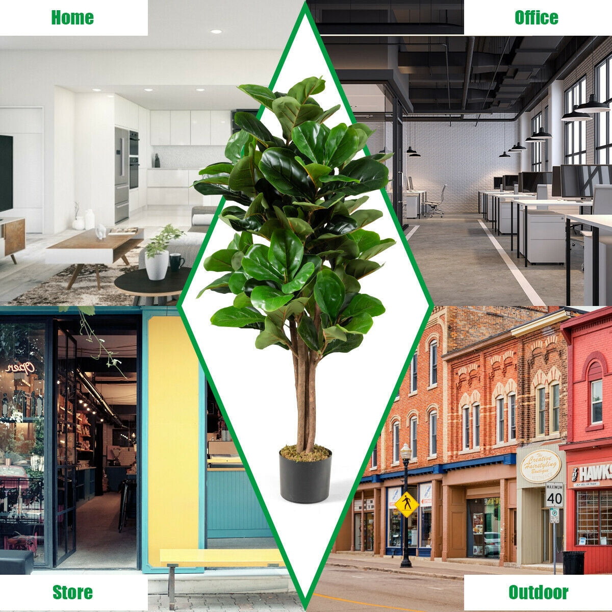 Artificial Fiddle Leaf Fig Tree in Planter, 4 ft tall, green leaves in dark gray planter on Tampa Home & Garden Store