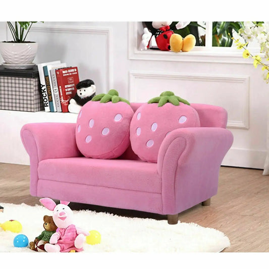 Kids Strawberry Armchair Sofa in pink plush with 2 strawberry-shaped pillows on Tampa Home & Garden Store