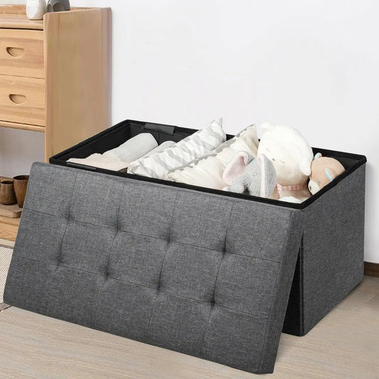 Thirty One and a Half Inch Fabric Storage Ottoman grey tufted fabric with plush toys inside on Tampa Home & Garden Store
