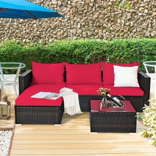 5 Pieces Patio Rattan Sectional Furniture Set with Cushions and Coffee Table-Red - Tampa Home & Garden Store