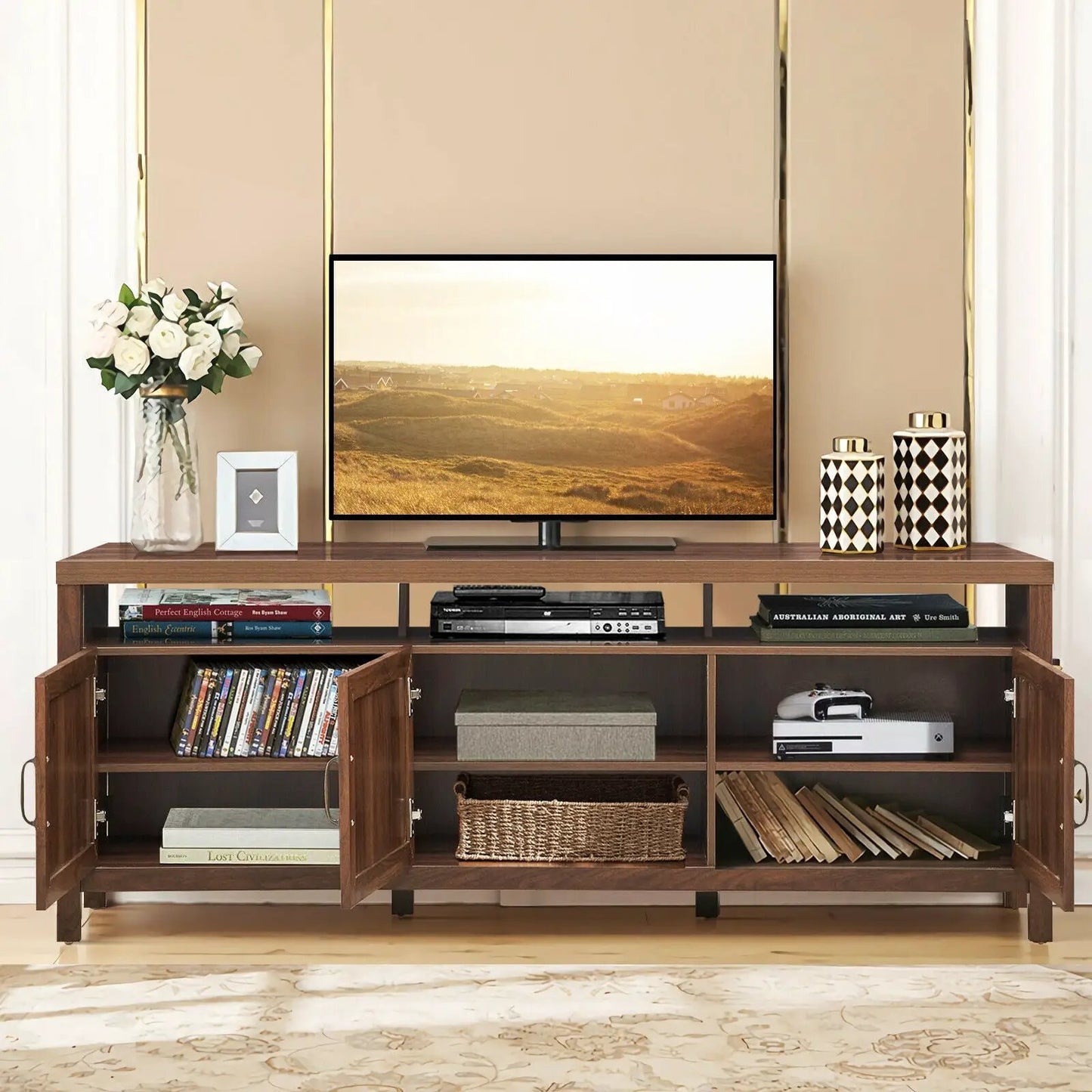 Universal TV Stand Center for TVs up to 65 inch in dark wood with open storage shelves on Tampa Home & Garden Store