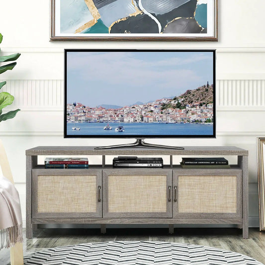 DirectDeals Universal TV Stand Center for TVs up to 65 in gray wood with three woven doors on Tampa Home & Garden Store