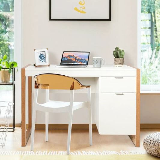 Modern Computer Desk with Cabinet and Drawer white top, right-side drawer cabinet on Tampa Home & Garden Store