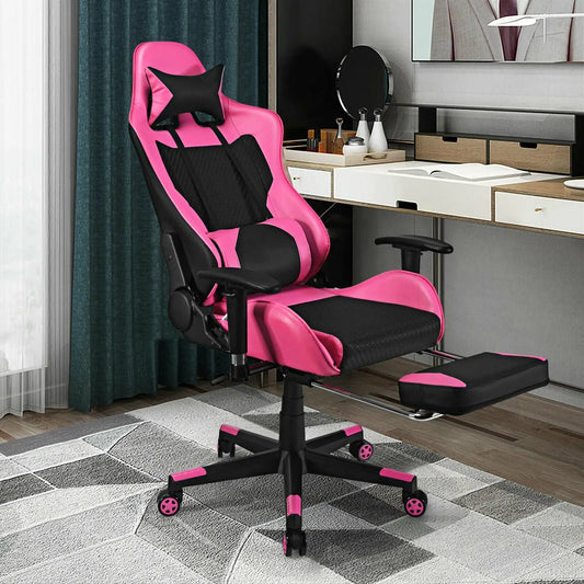 PU leather pink gaming chair by DirectDeals with USB massage lumbar pillow and footrest on Tampa Home & Garden Store