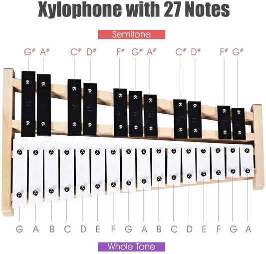 27-note Glockenspiel Xylophone with 2 rubber mallets, wooden frame, white keys and black bars on Tampa Home & Garden Store
