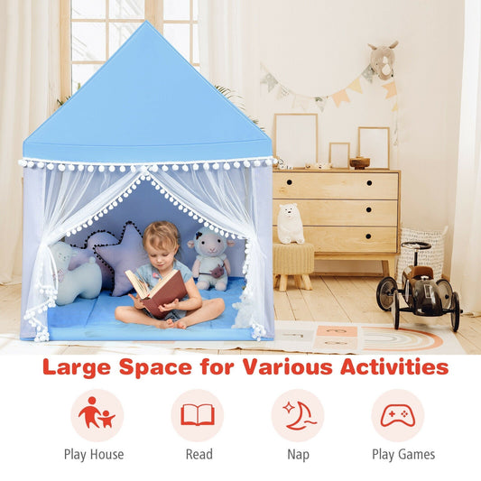 GemGear kids play tent large playhouse castle with blue roof and sheer curtains, child reading on Tampa Home & Garden Store