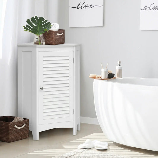 Corner bathroom cabinet with shutter door, white louvered panel DirectDeals; near tub with plant on Tampa Home & Garden Store