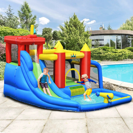 Inflatable bounce house with water slide pool in red, blue, yellow outdoor playset on Tampa Home & Garden Store