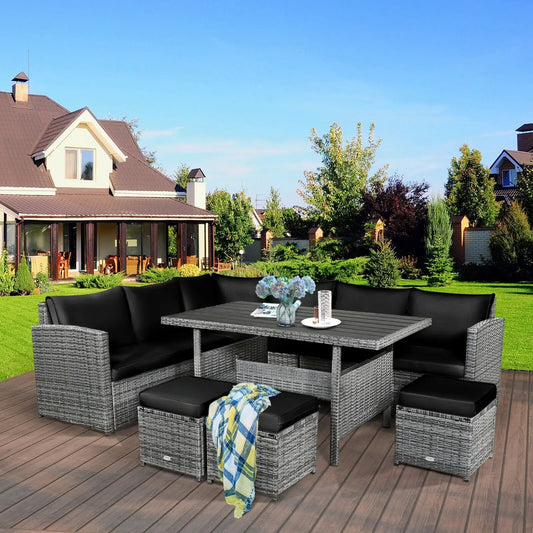 7 Pieces Patio Rattan Dining Furniture Sectional Sofa Set with Wicker Ottoman-Black - Tampa Home & Garden Store