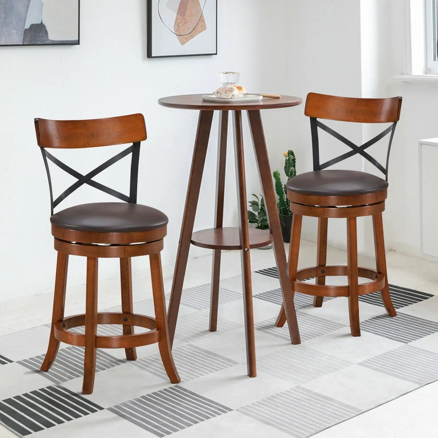 Set of 2 bar stools with 360° swivel, brown wood seats, black cross-back frames on Tampa Home & Garden Store