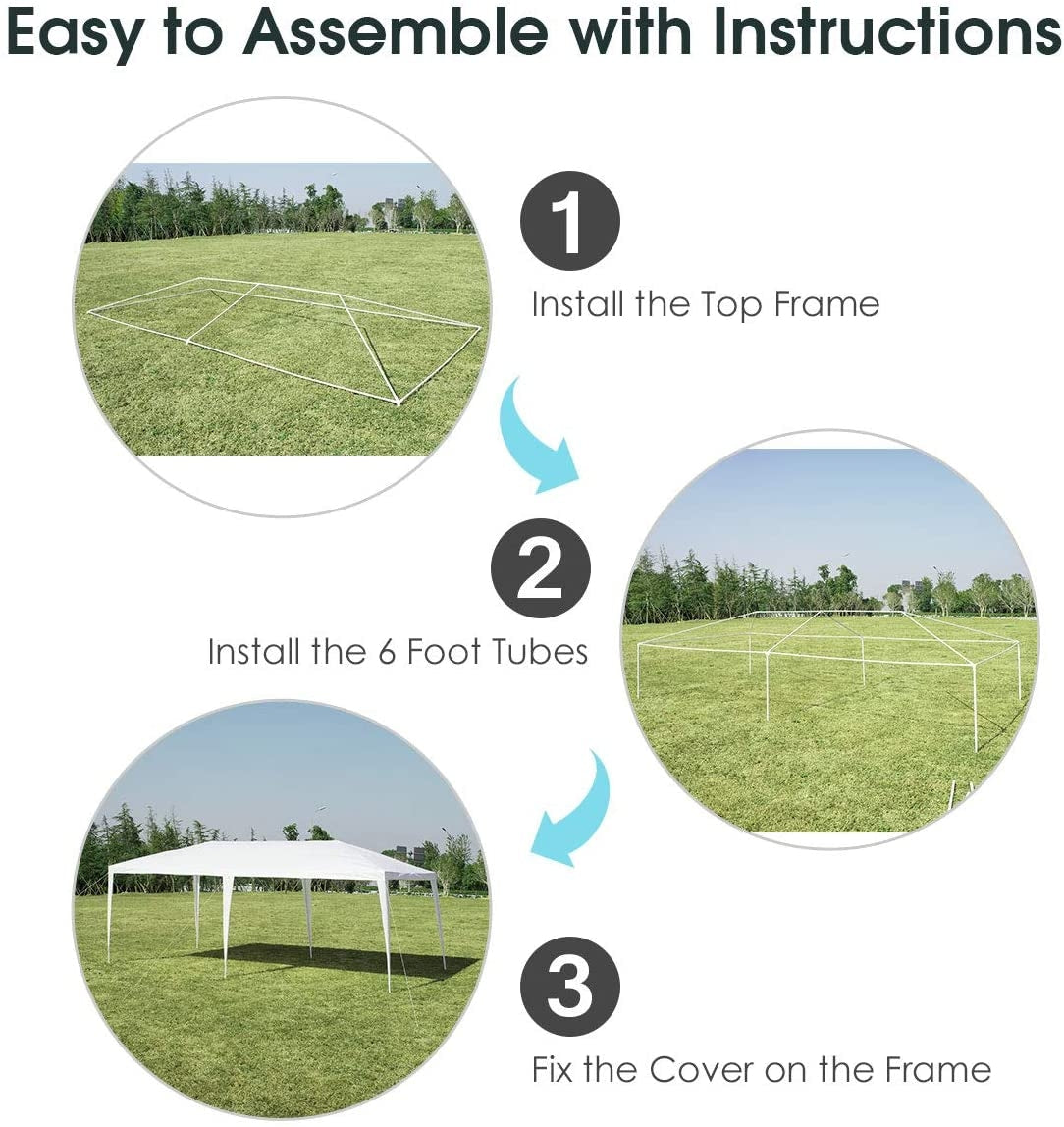 GemGear 10x20 ft waterproof canopy tent assembly guide with white frame and cover on grass on Tampa Home & Garden Store