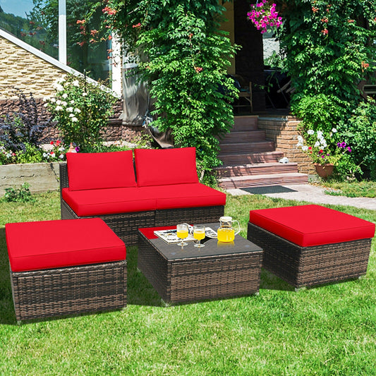 5 Pieces Patio Rattan Furniture Set with Cushioned Armless Sofa - Tampa Home & Garden Store