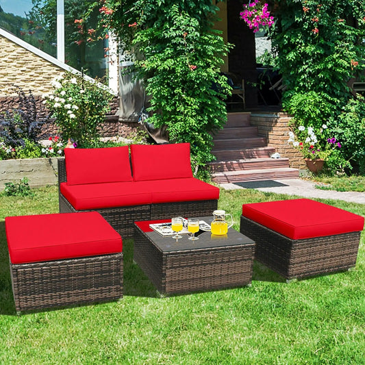 5 Piece Patio Rattan Set DirectDeals with Cushioned Red Seating and Glass Top Table on Tampa Home & Garden Store